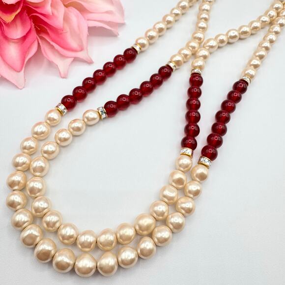 Vintage Faux Pearl Ivory Red Lucite Bead Double Strand Necklace Classic Romantic - Picture 1 of 14